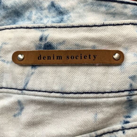 Denim Society 5 Tie Dye Jean Shorts Blue Cutoff Frayed Studded Bleached Mid Rise - Picture 3 of 6